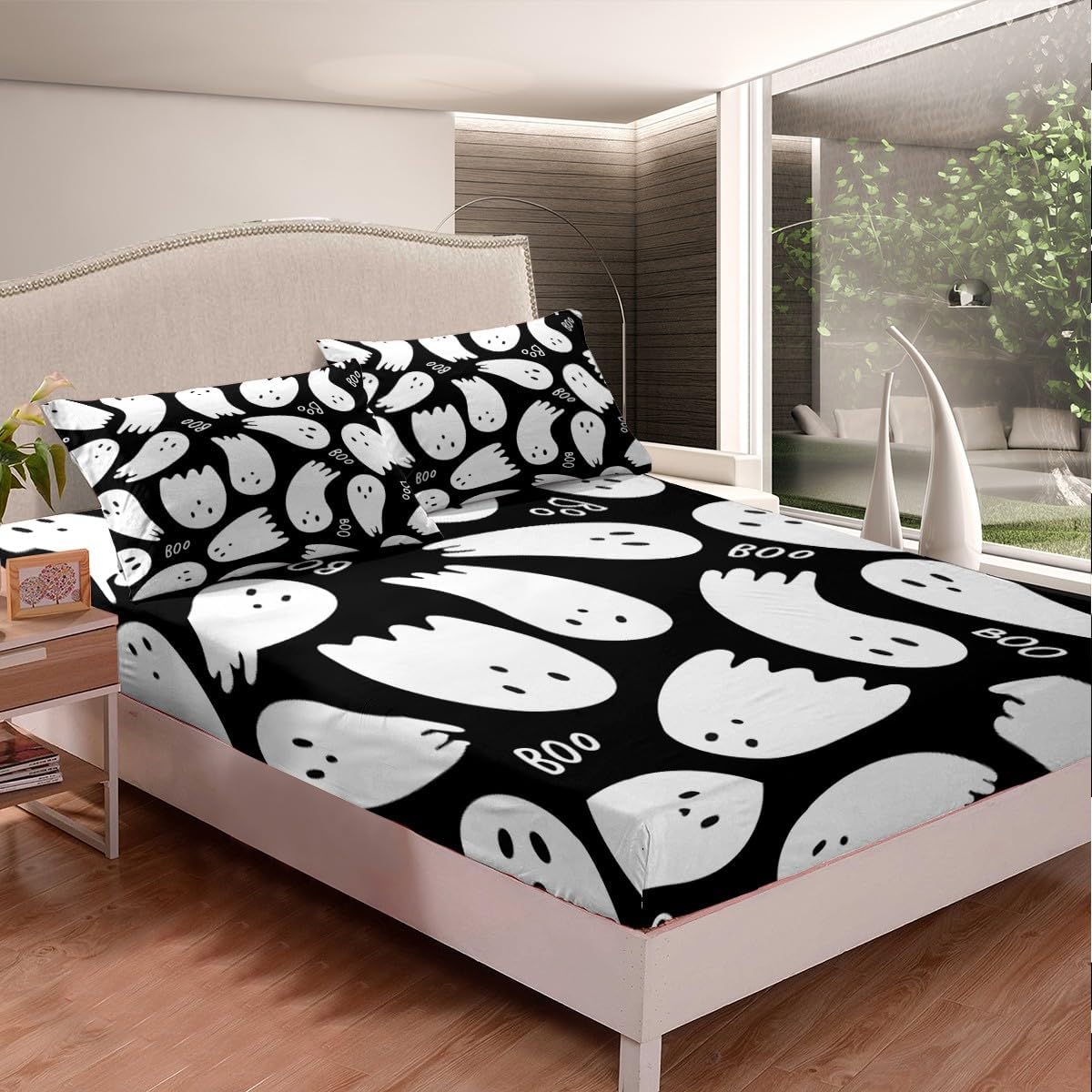 Juego de sábanas de fantasma de Halloween de dibujos animados, decoración del hogar, juego de sábanas de bolsillo profundo, funda de colchón estilo