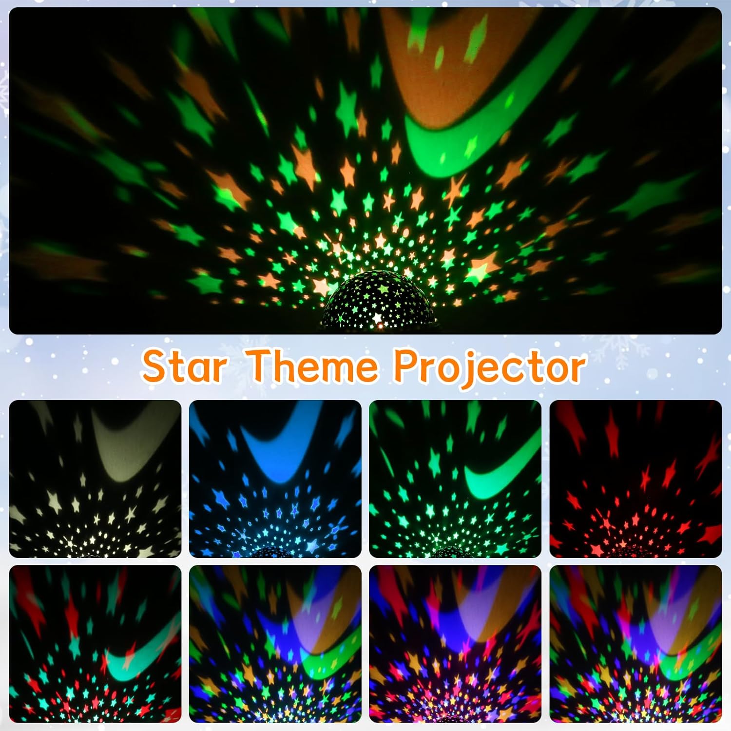 Proyector de luz nocturna de estrellas para interiores, proyector de copo de nieve para dormitorio de niños, lámpara nocturna giratoria de 360