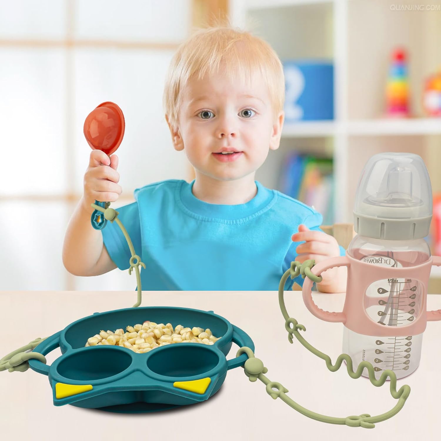 Placa de succión de silicona con 2 correas ajustables, juego de platos divididos antideslizantes para niños pequeños, apto para lavavajillas (búho,