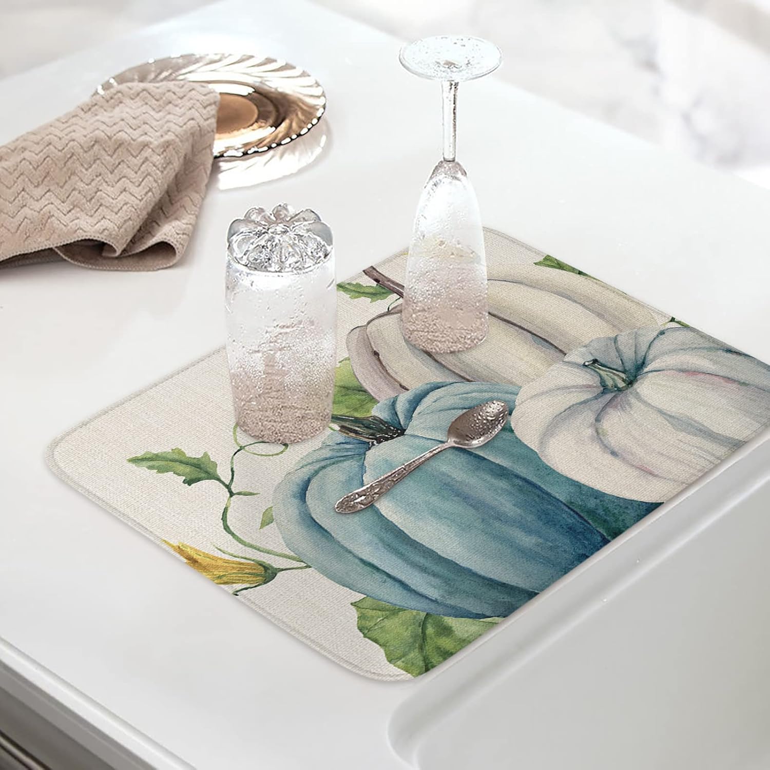 Tapete de secado de platos con calabazas azules y grises para encimera de cocina, hojas florales, hojas de eucalipto de Acción de Gracias,