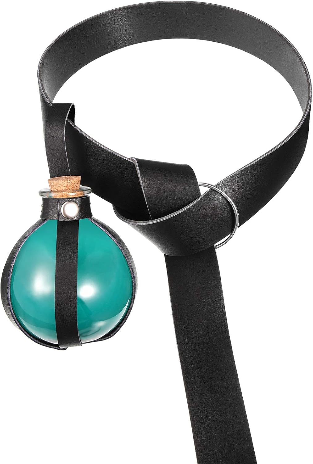 Botella de poción de corcho mágico oscuro de Halloween, botella redonda esférica de vidrio transparente con cinturón de cuero medieval de caballero,