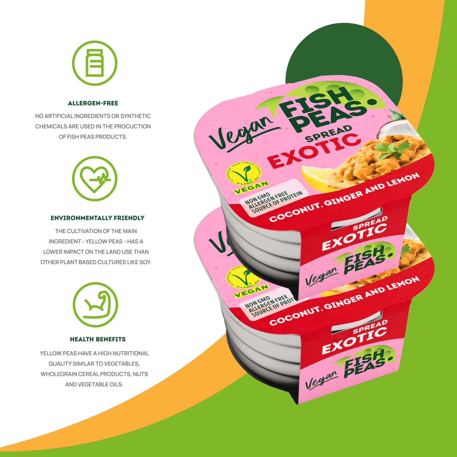 FISH PEAS – Alimento vegano a base de plantas para untar en salsa EXÓTICA con coco, jengibre y limón. Comidas listas para comer a base de plantas,