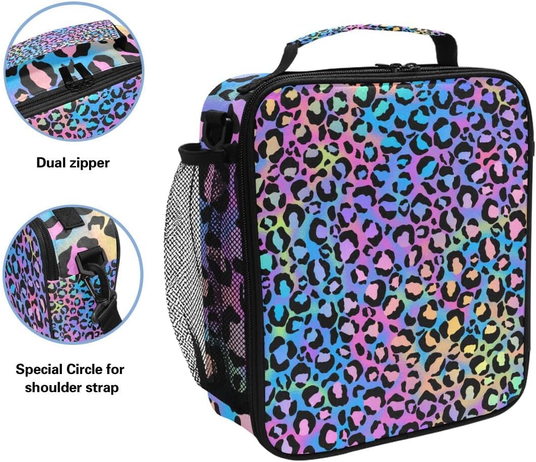 MNSRUU Bolsas de almuerzo para niños y niñas, estudiantes, diseño de leopardo arcoíris, reutilizable, aislada, bolsa de almuerzo organizadora, kit