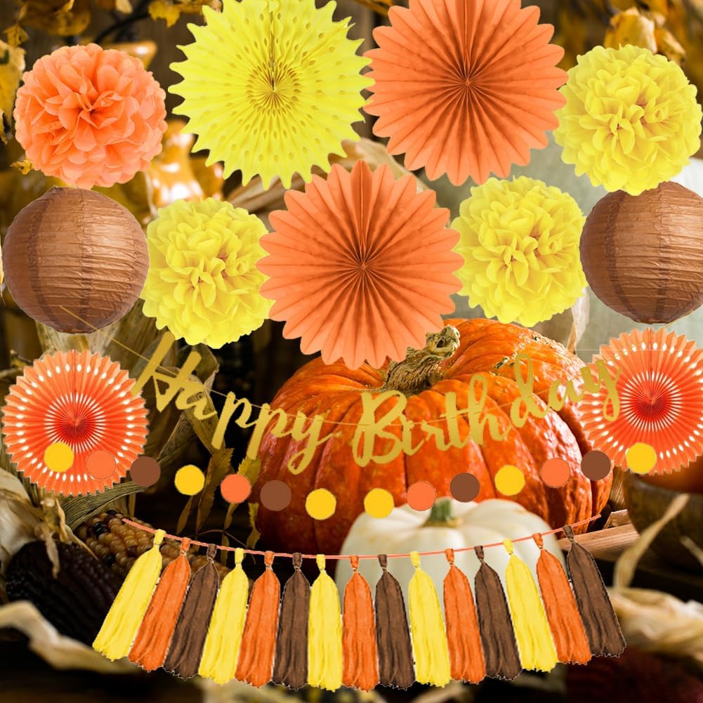 Decoraciones de fiesta de cumpleaños de otoño, abanicos de papel naranja y amarillo, pompones de papel, faroles de papel marrón, borla de papel,