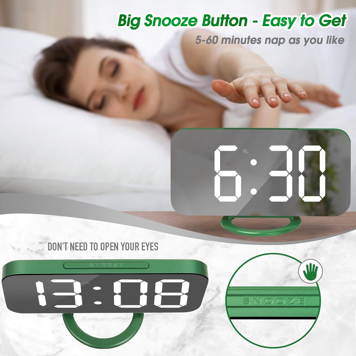 WulaWindy Reloj despertador digital, pantalla LED de espejo grande, con cargador USB, función de repetición, modo tenue, para colgar en la pared
