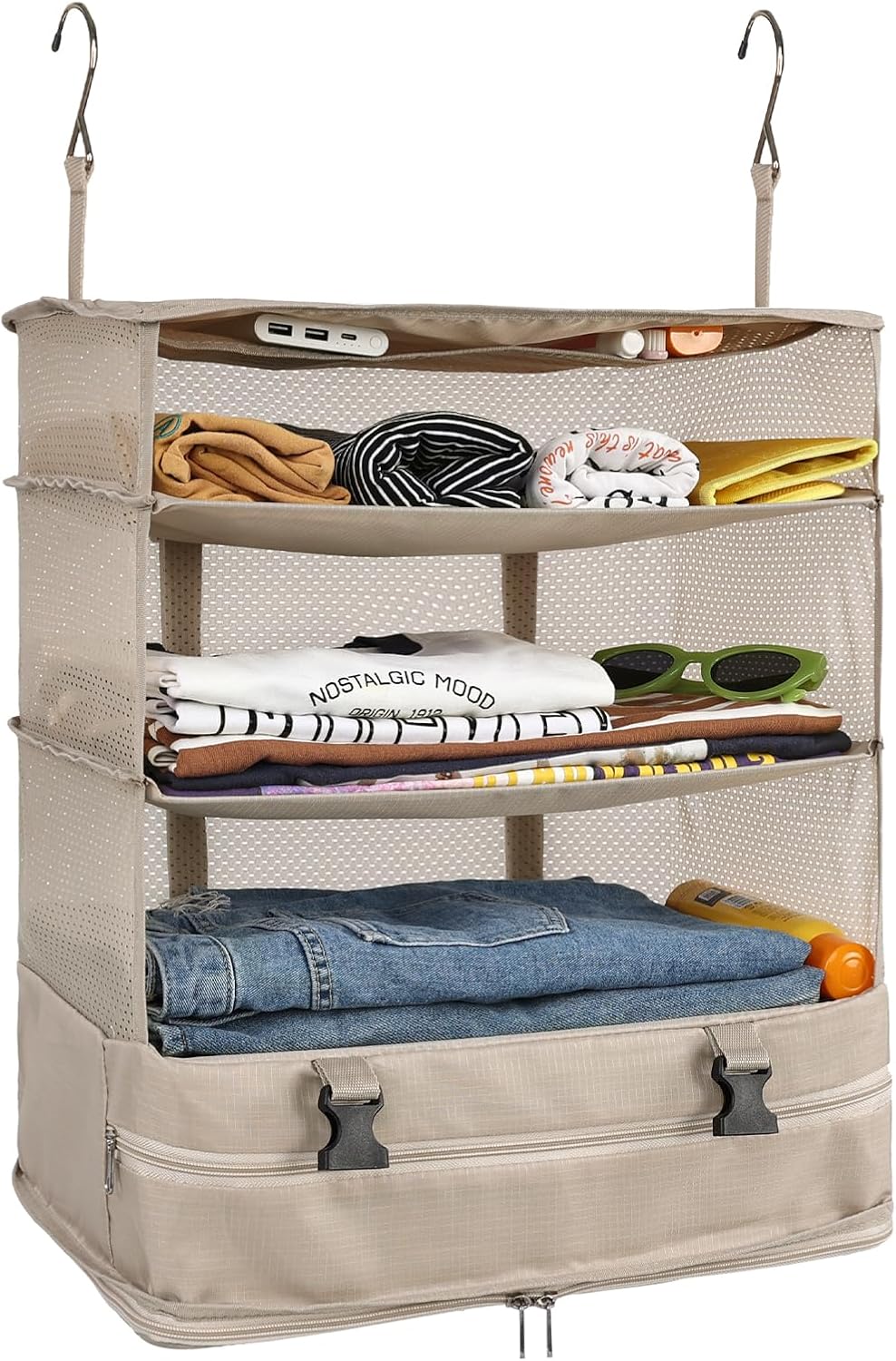 Surblue Bolsa de almacenamiento plegable para armario, 3 estantes, tela Oxford lavable con 2 ganchos (XL 17.71 x 11.81 x 20 pulgadas, beige)