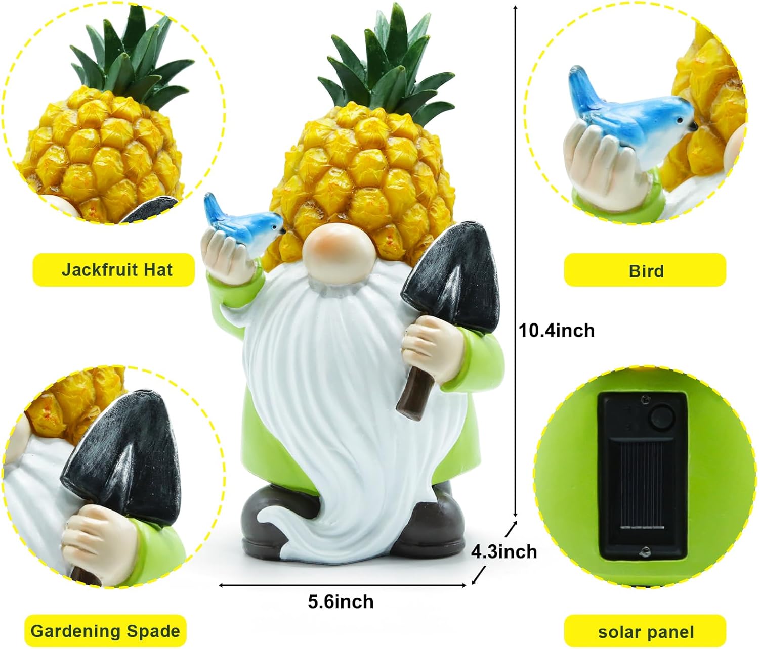 Estatuas solares de jardín con luces de piña, gnomos de jardín de resina con pájaro, estatuas de patio al aire libre para patio, balcón, césped,