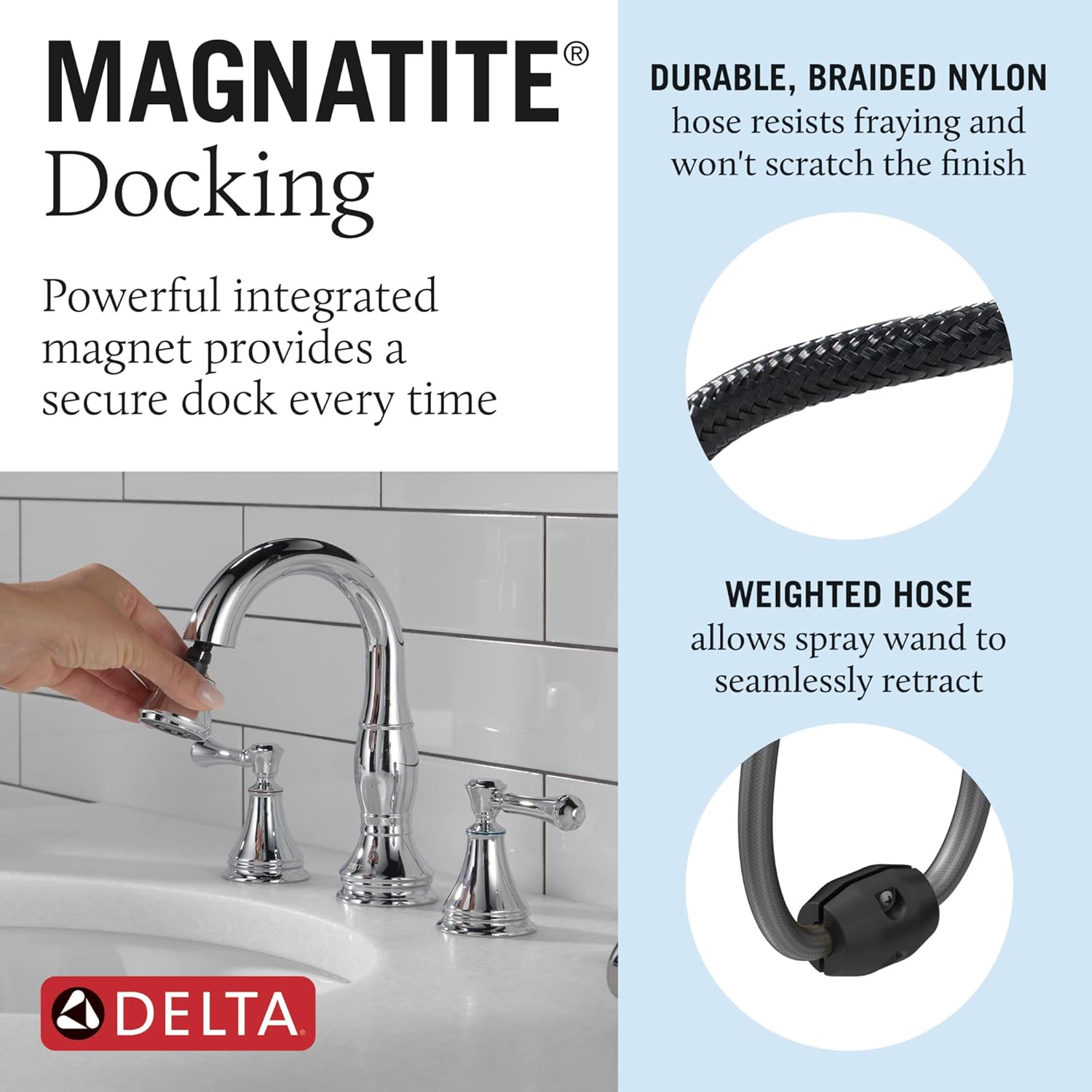 Delta Faucet Cassidy – Grifo de baño extraíble, grifo de baño cromado de 3 agujeros con rociador extraíble, grifo de lavabo de baño, acoplamiento