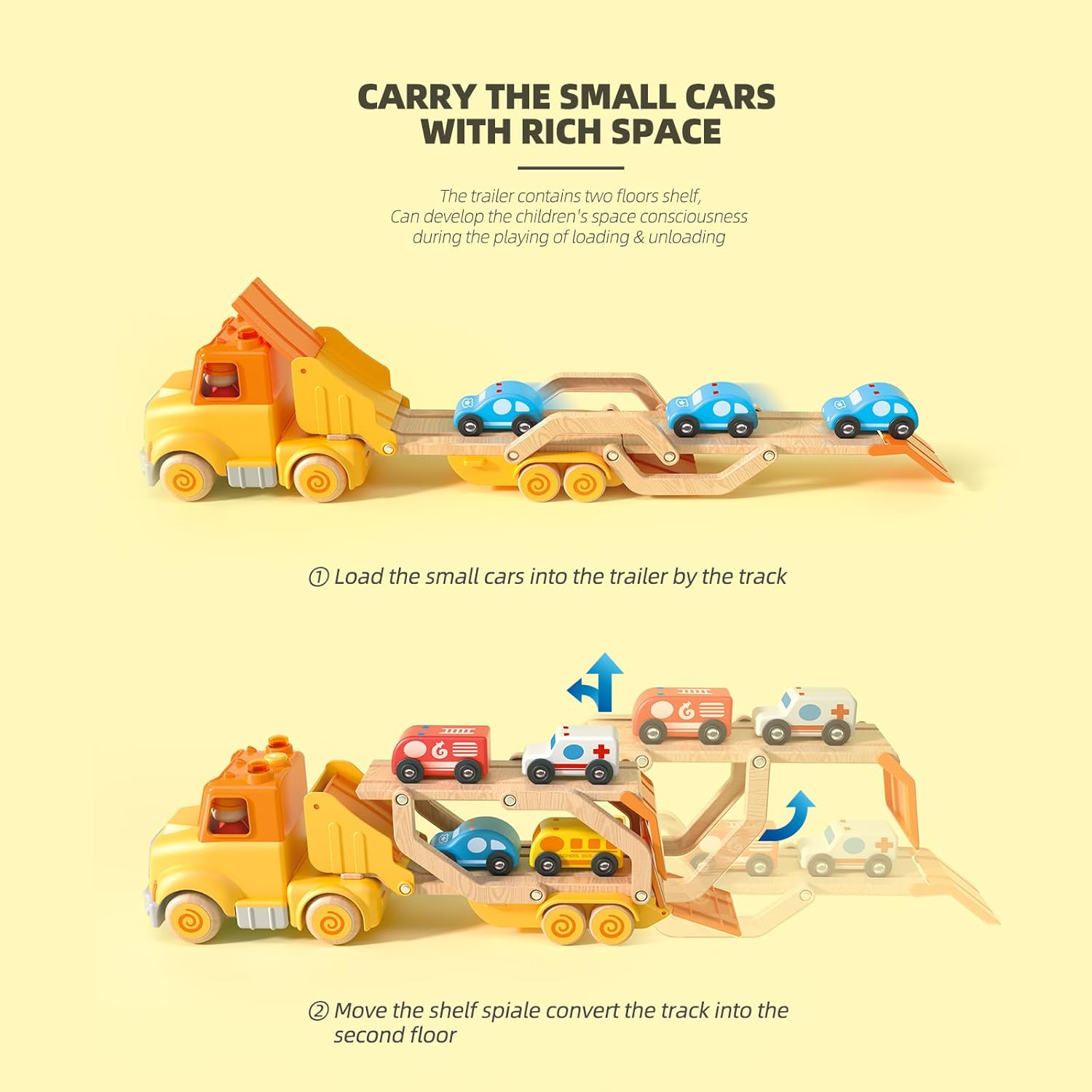 Camión transportador de coche de juguete con vehículos de madera, remolque de pista, luces y sonidos, regalo para niños de 2 a 5 años