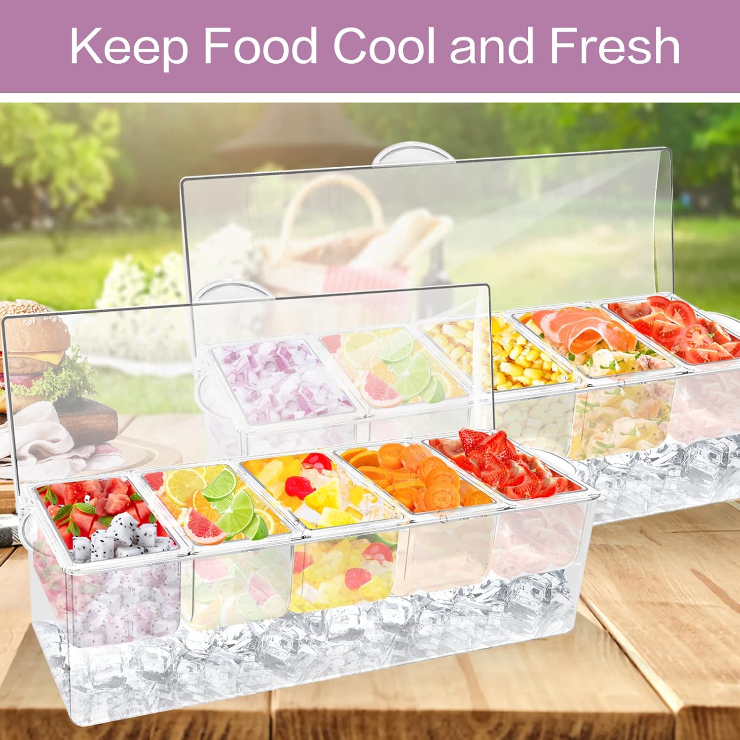 5 Compartment Condiment Server, Ice Chilled Condiment Containers with Lid, Clear Condiment Caddy Serving Tray on Ice with 5 Serving Spoons 5 Fruit