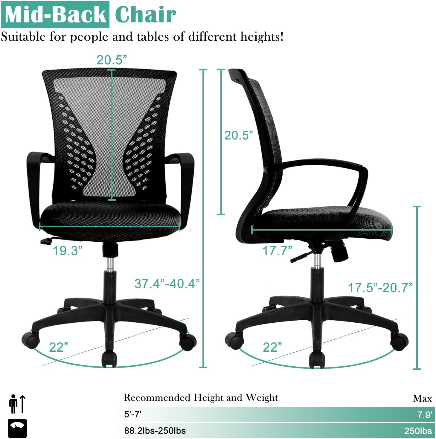 Silla de oficina en casa, silla de escritorio ergonómica, respaldo medio, silla de computadora de PC con soporte lumbar y reposabrazos, silla de