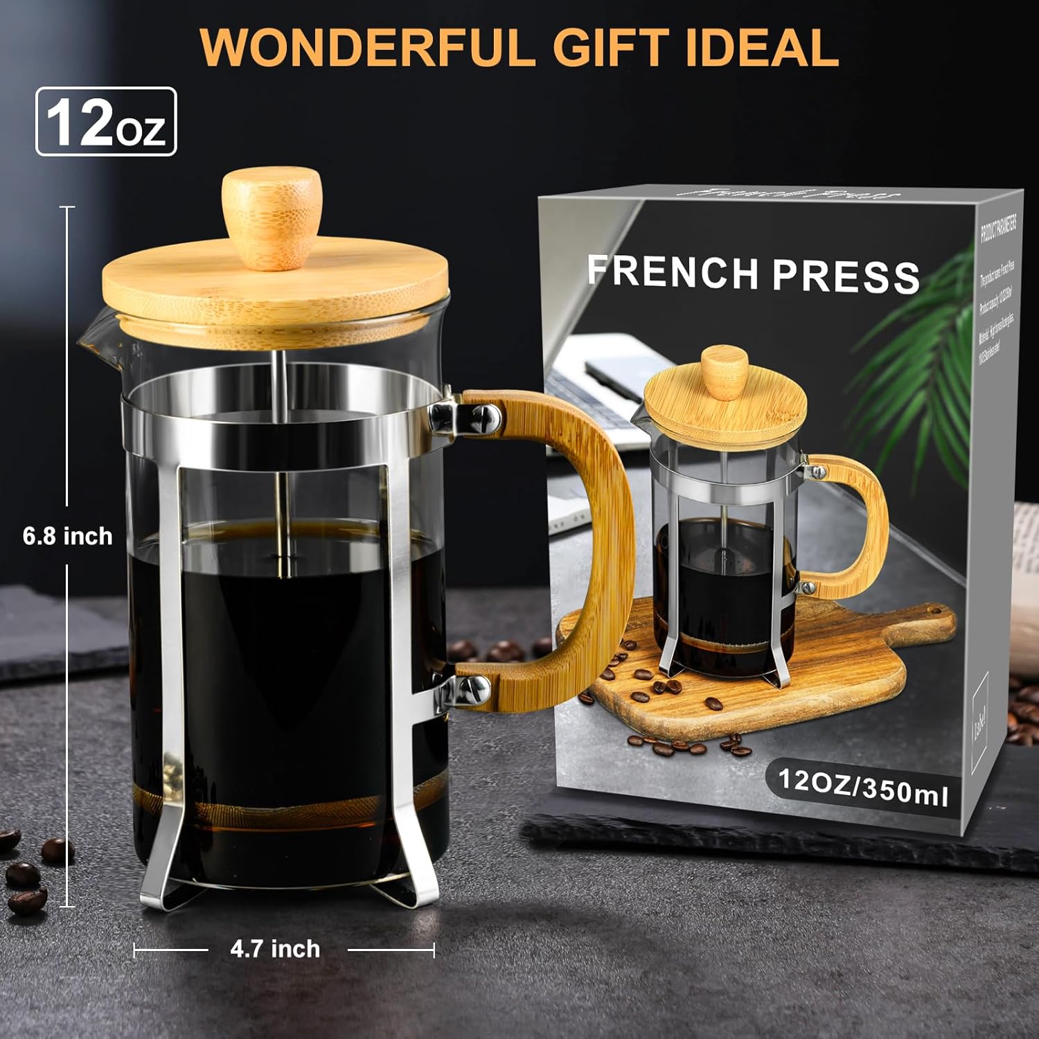 PARACITY Prensa francesa Cafeteratetera de 12 onzas, Prensa grande de cafété con mango de bambú y vidrio resistente al calor, prensa francesa de