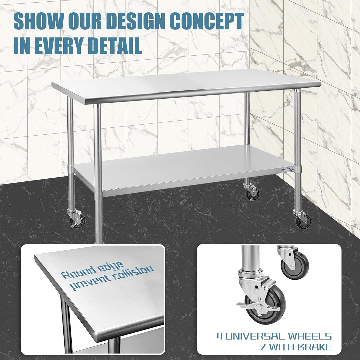 Hally – Mesa de acero inoxidable para preparación y trabajo, 30 x 60 pulgadas, con ruedas giratorias, mesa comercial resistente NSF con estante