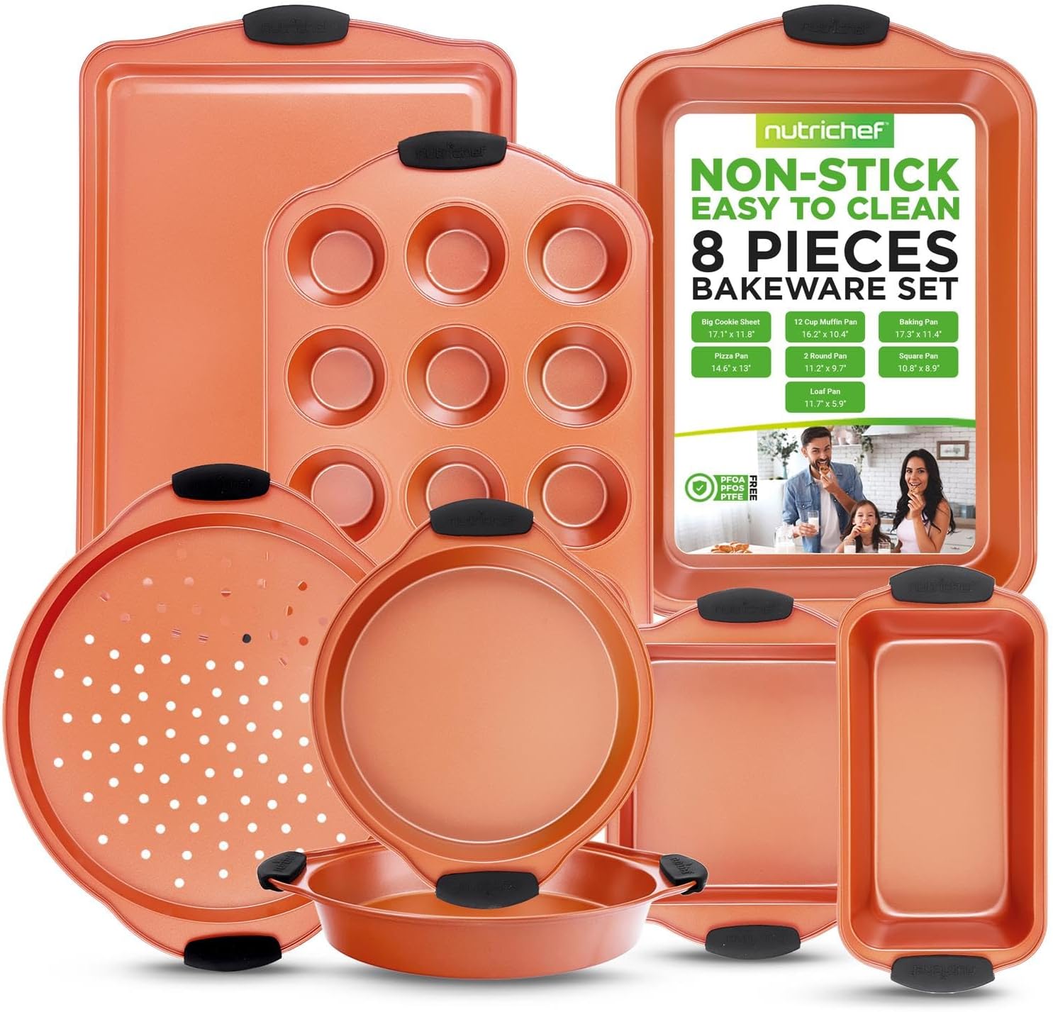 NutriChef Juego de 8 sartenes para hornear, antiadherentes de acero al carbono con asas de silicona resistentes al calor, incluye molde para pan,