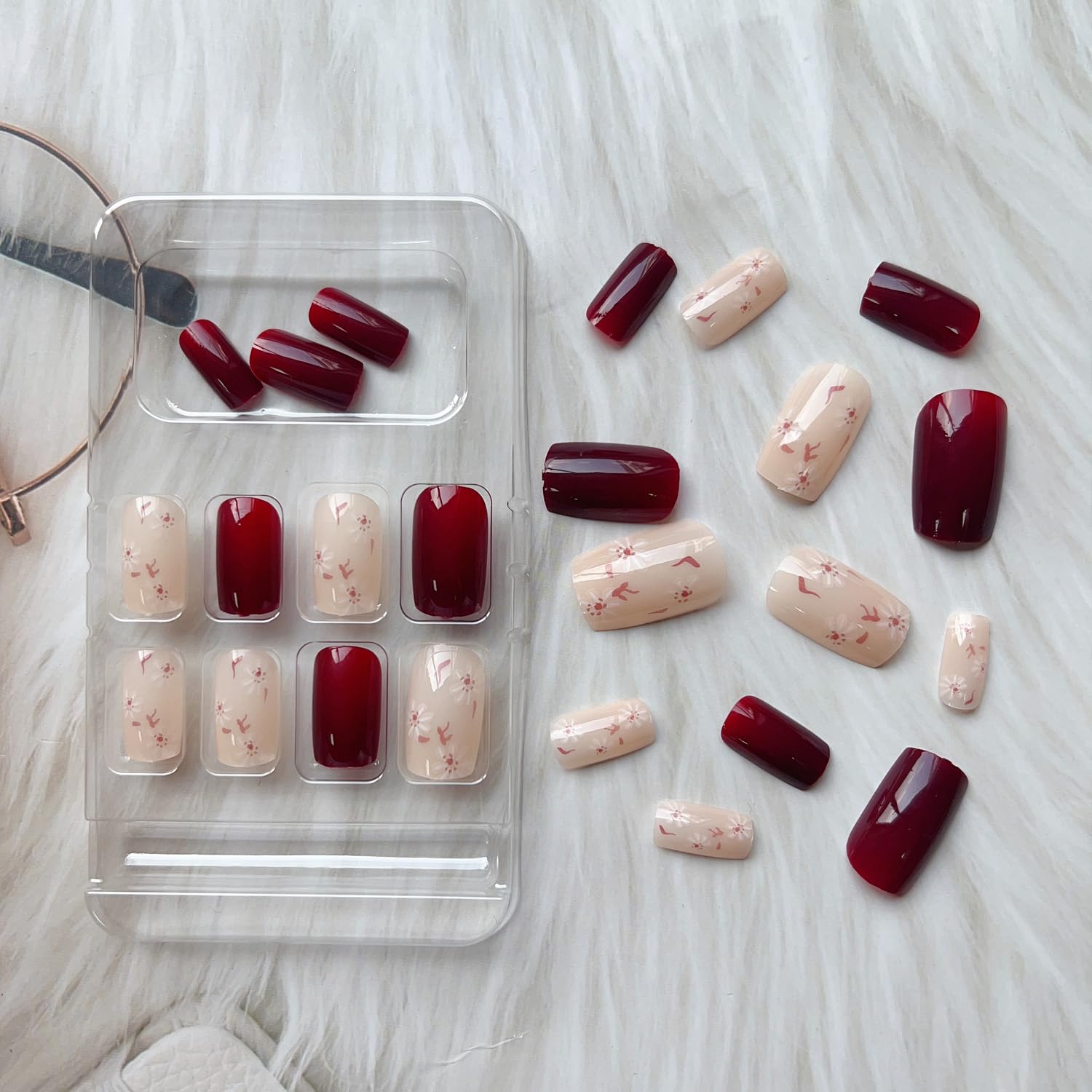 Uñas postizas medianas a presión, uñas postizas a presión con forma cuadrada, uñas postizas de color rojo vino brillante, uñas adhesivas