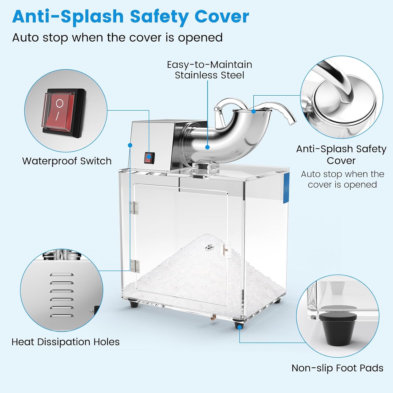 COSTWAY Máquina de hielo afeitado comercial, trituradora de hielo de acero inoxidable de 440 librasH con interruptor de encendidoapagado de