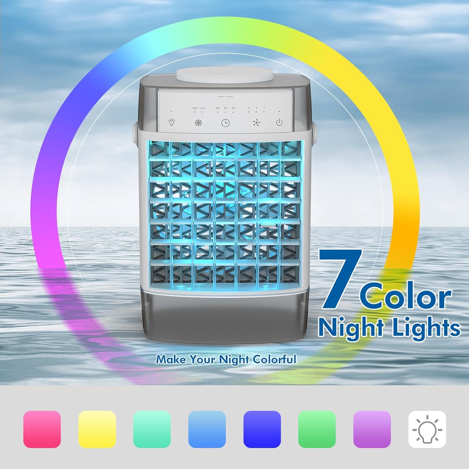 Aire acondicionado portátil, unidad de CA pequeña de 3 velocidades, enfriador de aire evaporativo con función de temporizador, luz nocturna de 7