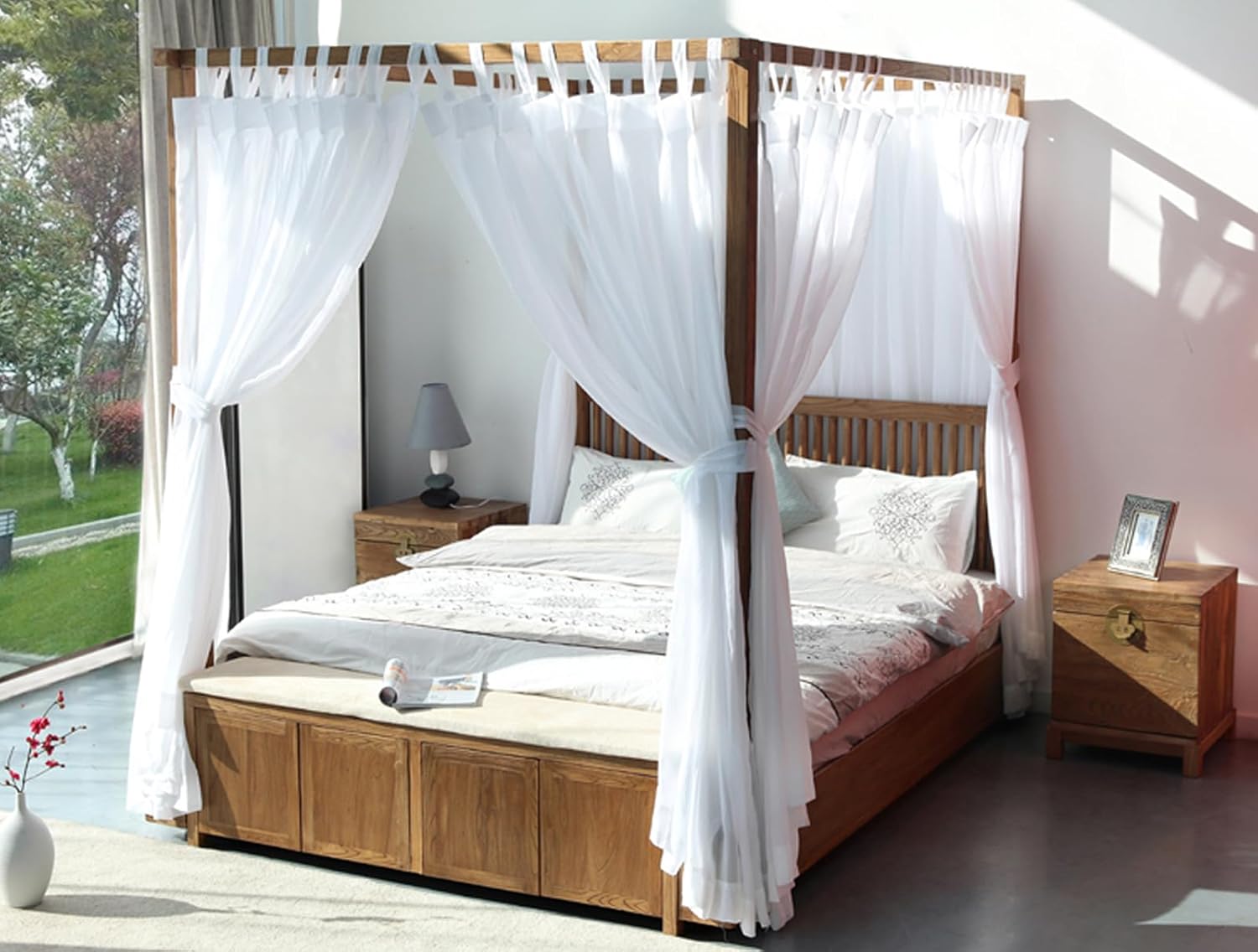 AIKASY Tabla de cama con toldo con parte superior y velcro autoadhesivo, tela de princesa de gasa blanca, crea un ambiente romántico en la