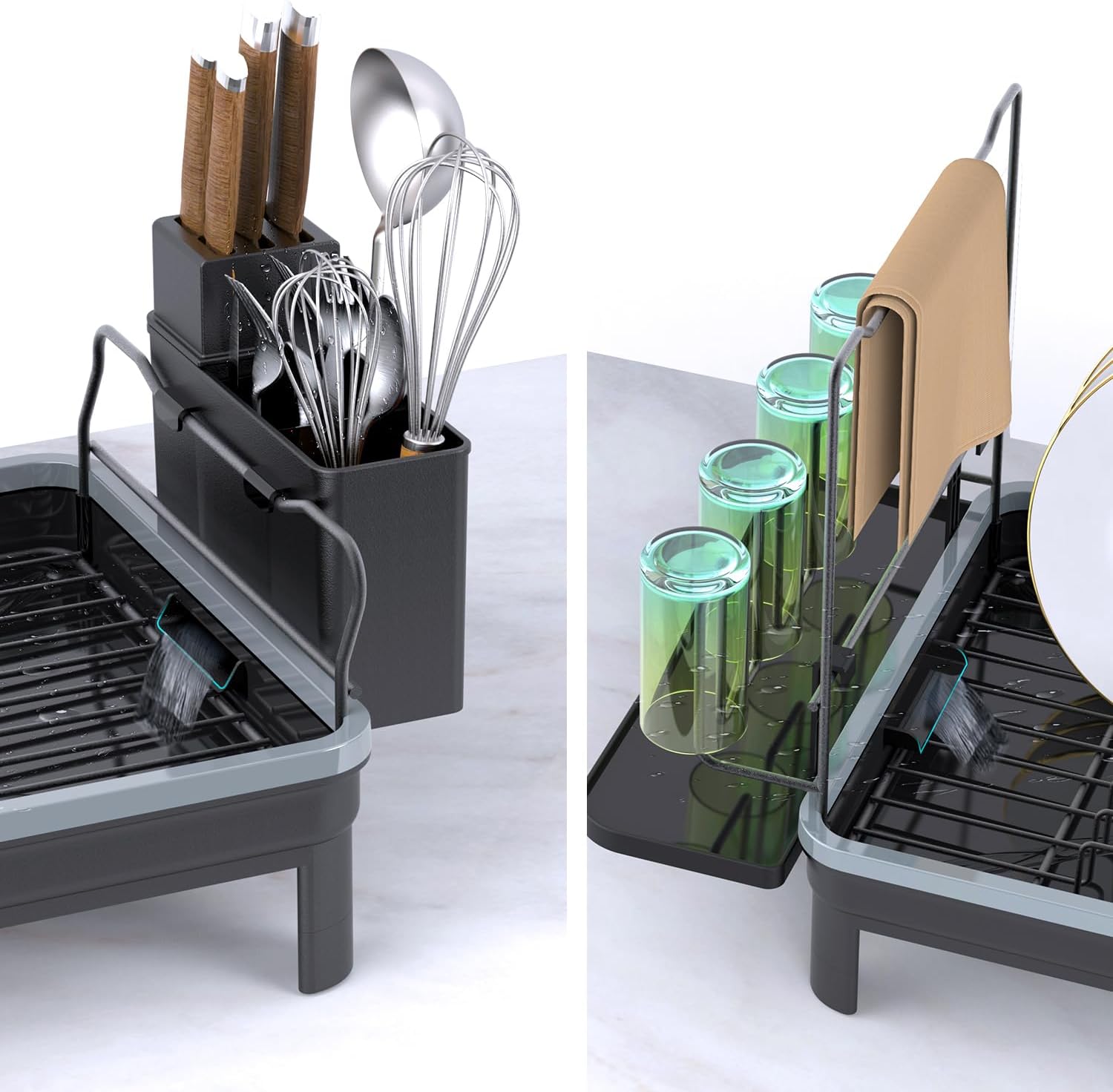 Escurridor de platos, escurridor de platos para encimera de cocina con escurridor, estante de metal duradero con soporte para cubiertos para platos,