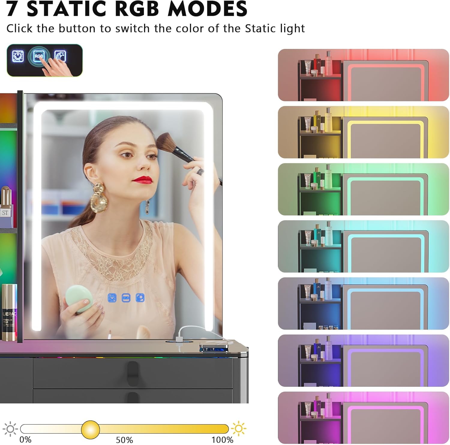 Escritorio de maquillaje RGB con espejo y luces, juego de mesa de tocador de 7 dinámicas y 7 estáticas regulables con estación de carga inalámbrica,