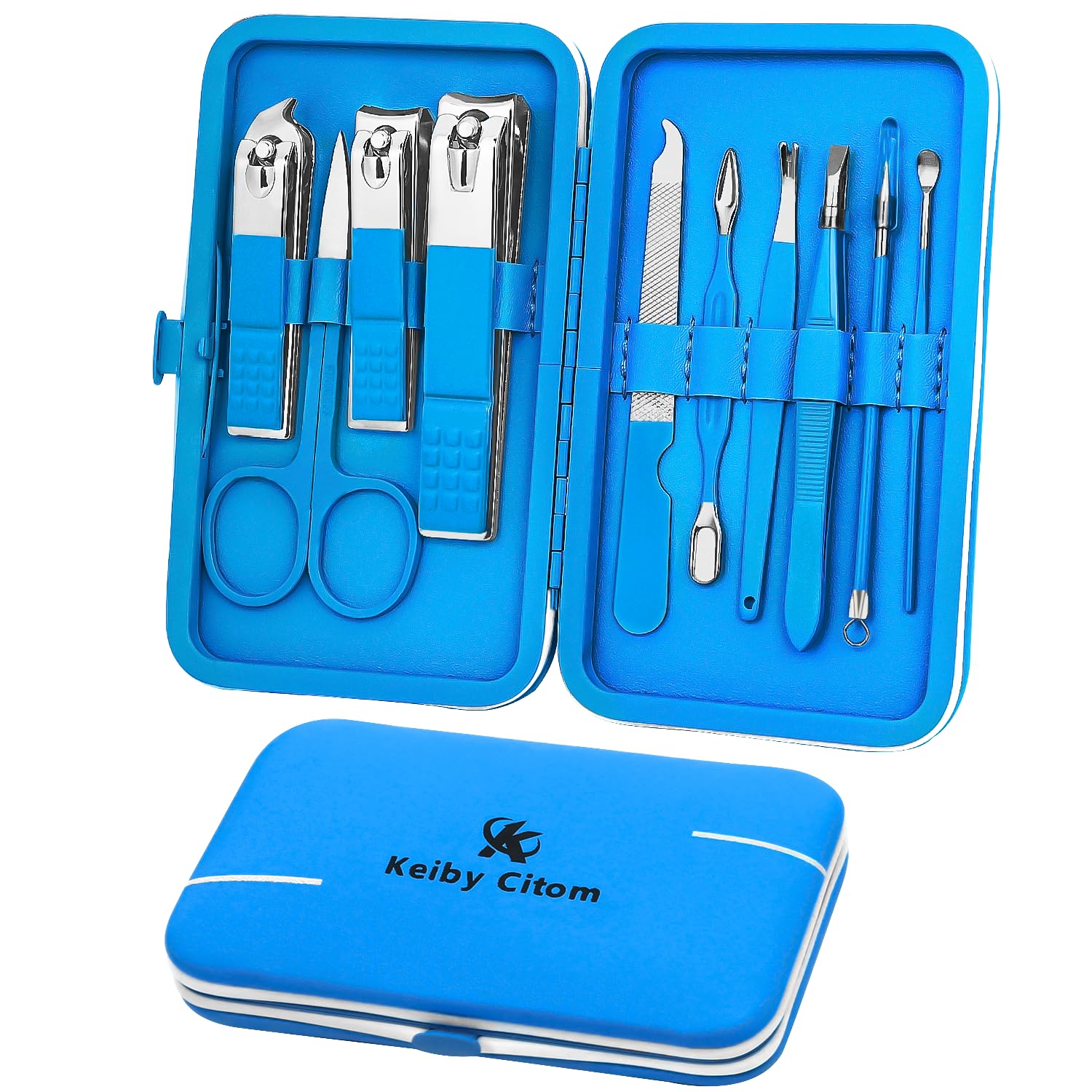 Juego de manicura, mini cortaúñas de viaje, kit de herramientas de cuidado de pedicura, 10 piezas de acero inoxidable (azul)