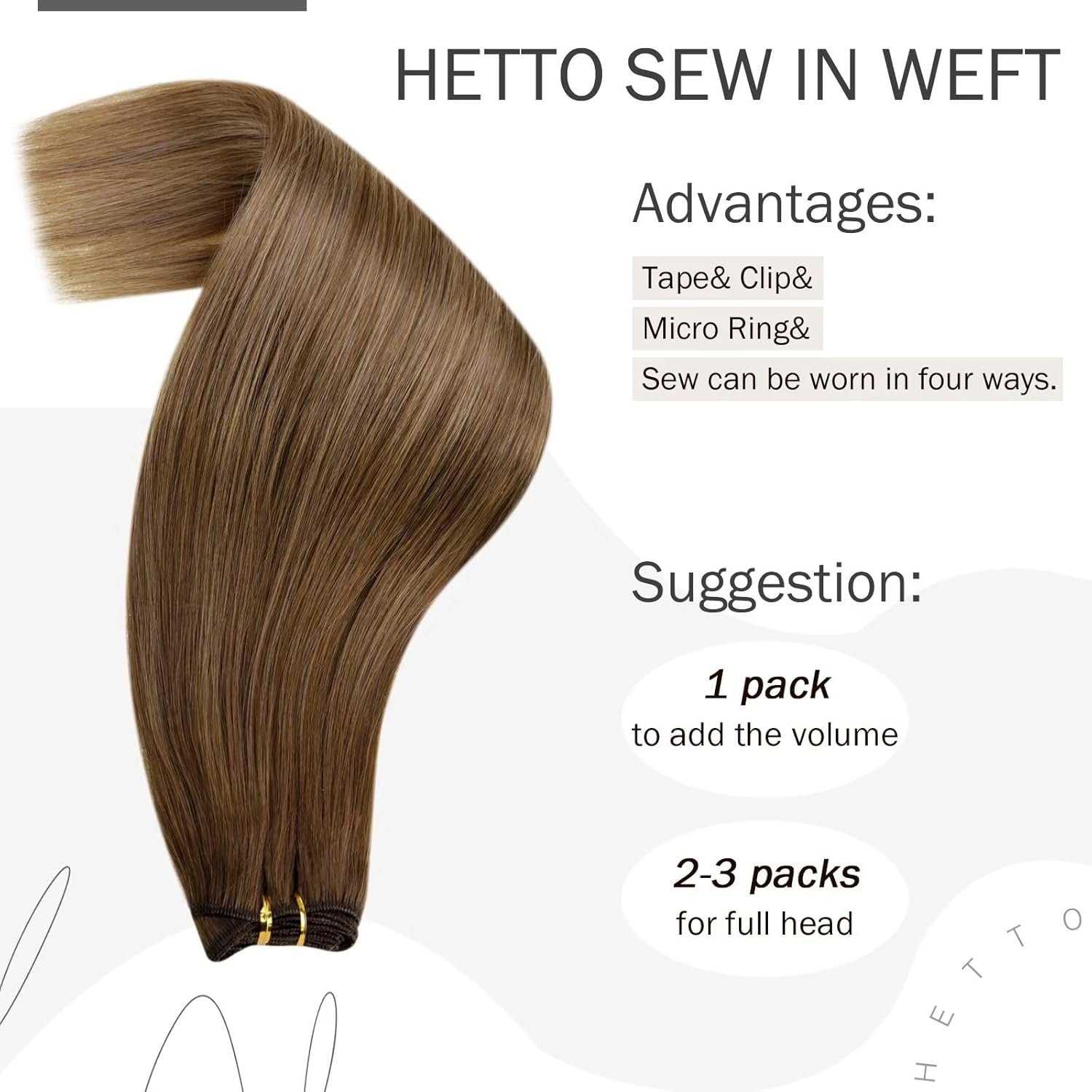 Hetto Extensiones de cabello humano real Remy para coser, 20 pulgadas, 3.53 oz (3.53 oz), color marrón #6 a #8 castaño miel con #14 rubio oscuro