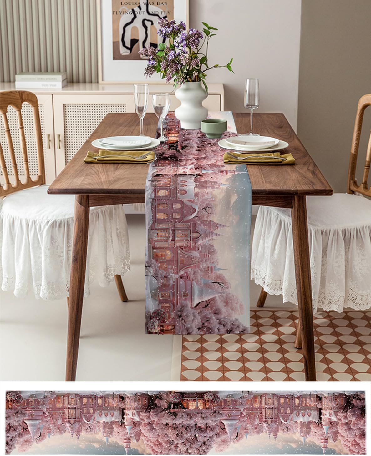 Camino de mesa navideño de algodón y lino de 48 pulgadas, castillo de Navidad rosa, copo de nieve, decoración de invierno de temporada, caminos de