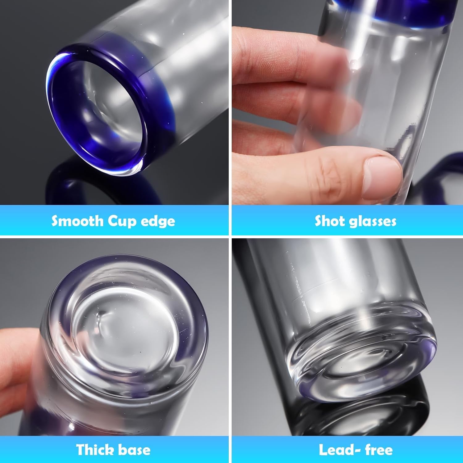 Paquete de 12 vasos de chupito de tequila con borde de cobalto azul de 2 onzas, estilo mexicano, mini copas de vino transparentes a granel, vasos