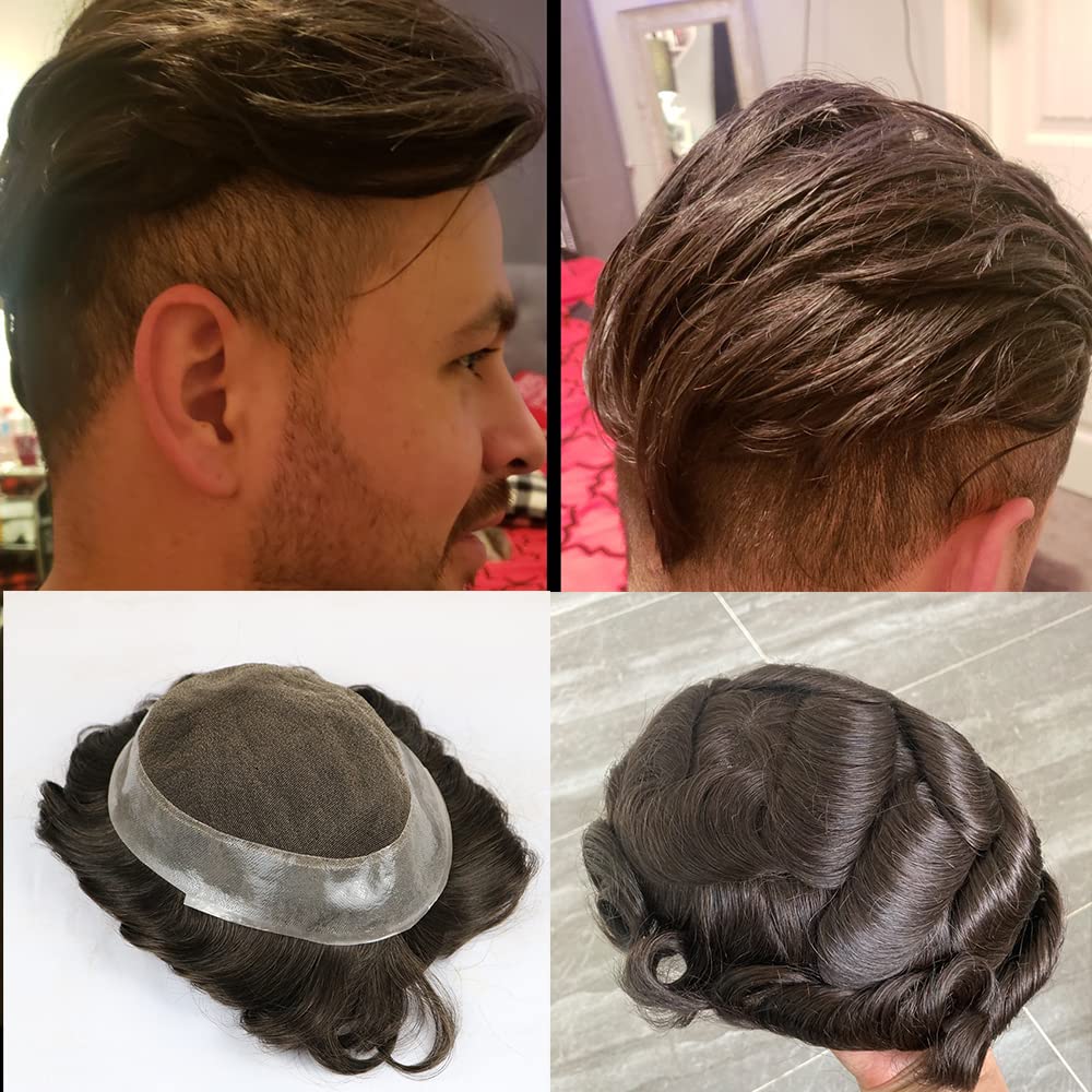 SIMBEAUTY Encaje francés con base australiana con poliuretano alrededor de los hombres, peluca de cabello humano cómoda onda, sistema de reemplazo