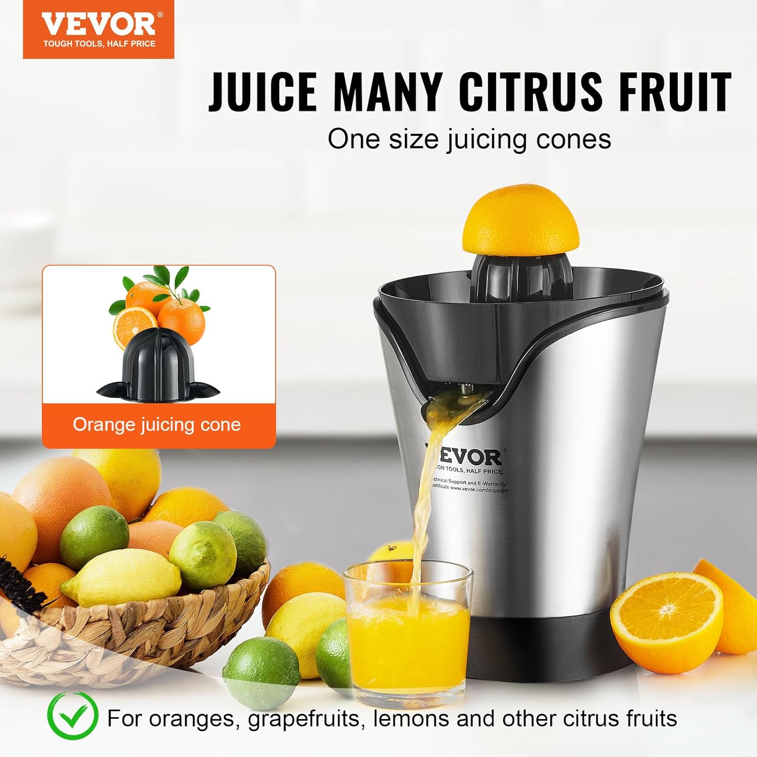 VEVOR Exprimidor eléctrico de cítricos, uno para todos los exprimidores de jugo de naranja de acero inoxidable, extractor de jugo de naranja fácil