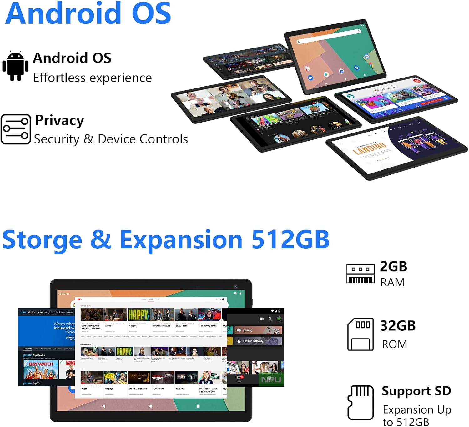 Tableta Android, tabletas de 10 pulgadas, 2 GB+32 GB, soporte para tableta de computadora de 512 GB expandir, cámara de 2 MP + 8 MP, pantalla IPS,