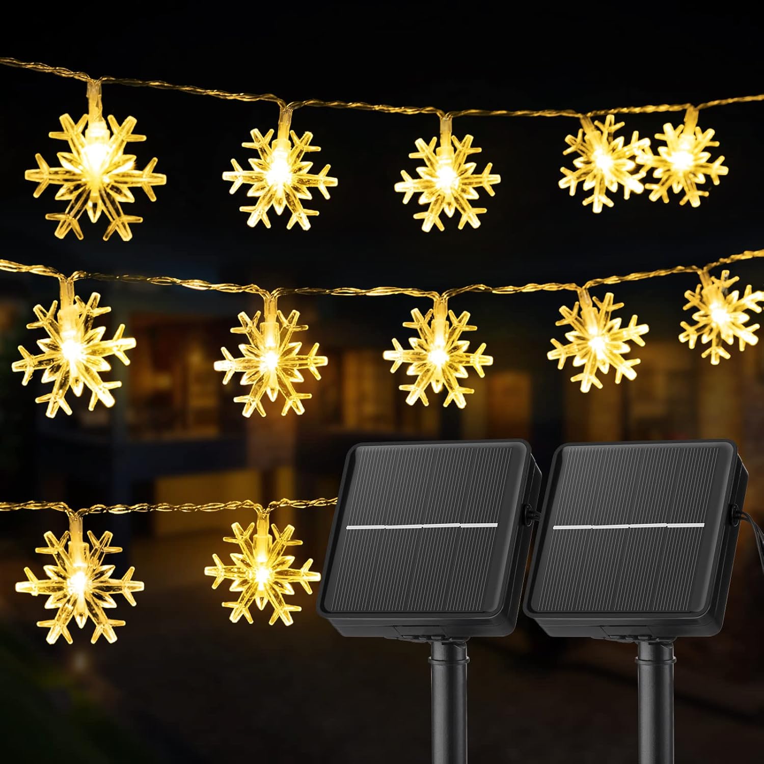 Guirnalda de luces solares de copo de nieve de Navidad, paquete de 2 unidades, 100 luces LED de 78 pies para exteriores, impermeables, con 8 modos