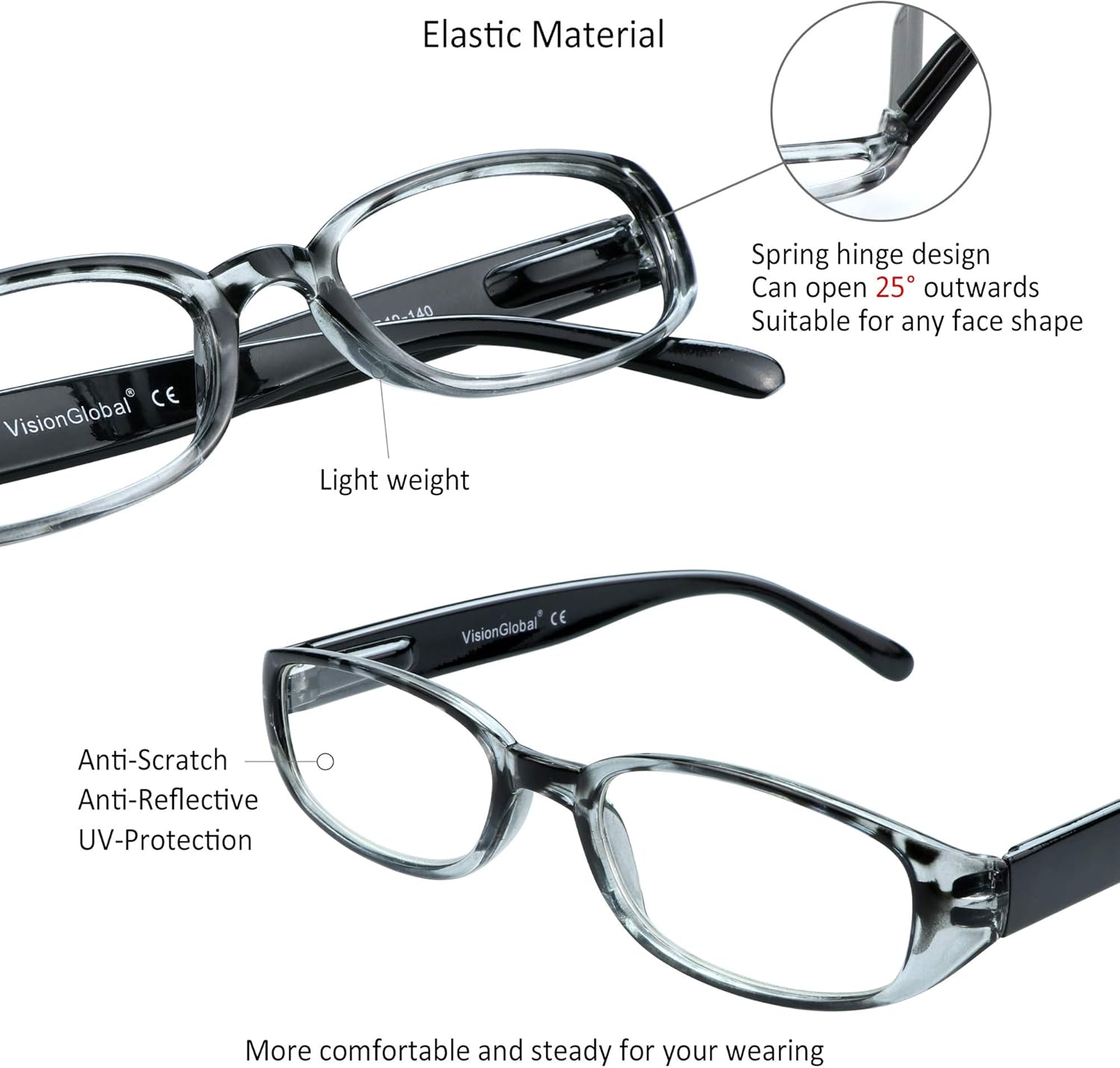 VisionGlobal 4 pares5 pares de anteojos de lectura con bisagra de resorte, lentes de bloqueo de luz azul para mujereshombres