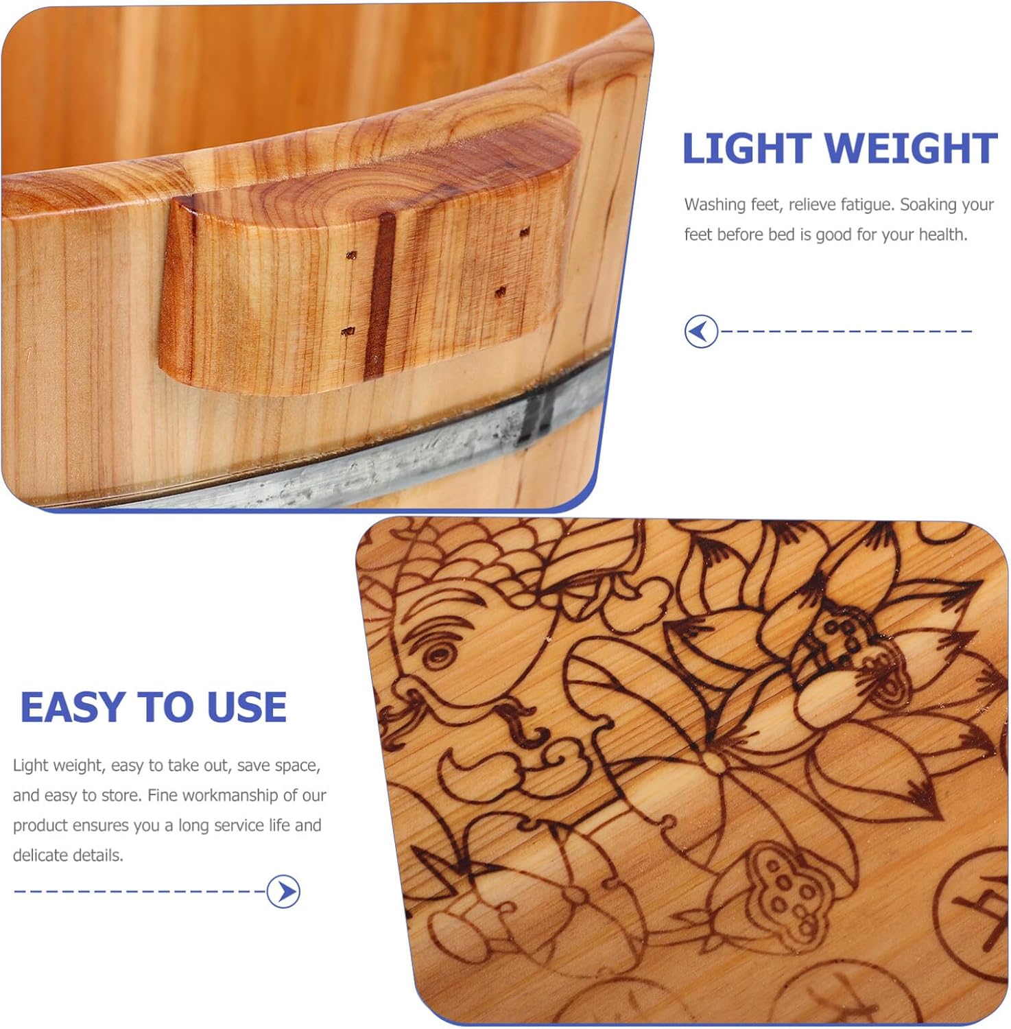 Yardwe Cuenca de pie de madera, bañera de madera para pies de madera, cubo de madera para baño de pies, remojo, masaje, spa, sauna