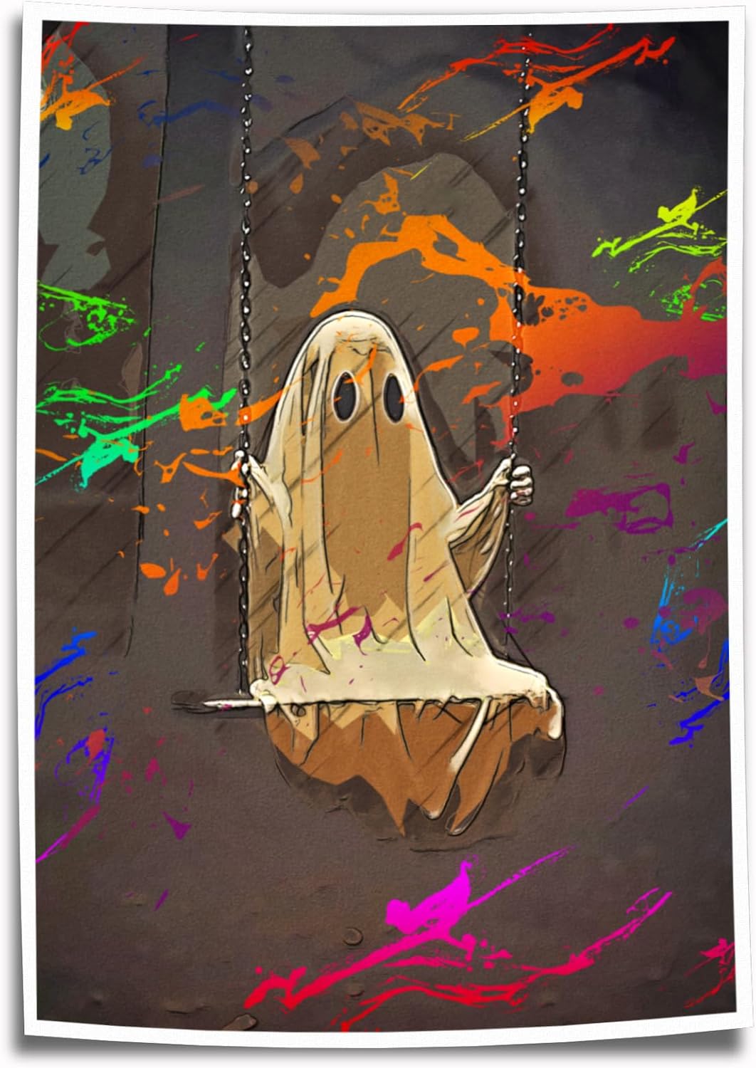 Lienzo decorativo para pared de fantasma, divertido póster de fantasma en columpio de bosque, impresión artística de Halloween (18 x 12 pulgadas,