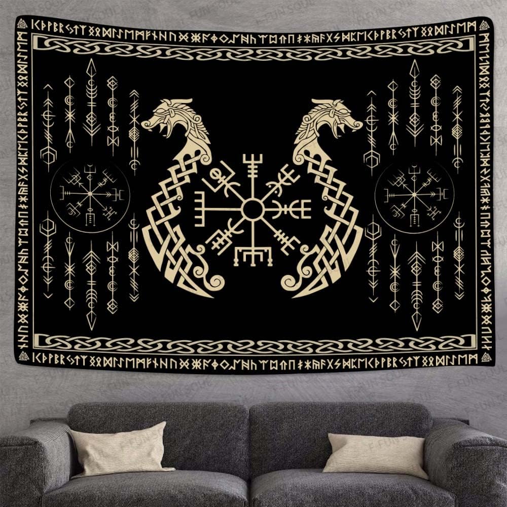 Tapiz de los vikingos nórdicos, franela suave grande de 40 x 30 pulgadas, símbolo Vegvsir gemelos dragones, runa celta escandinava, tapiz de