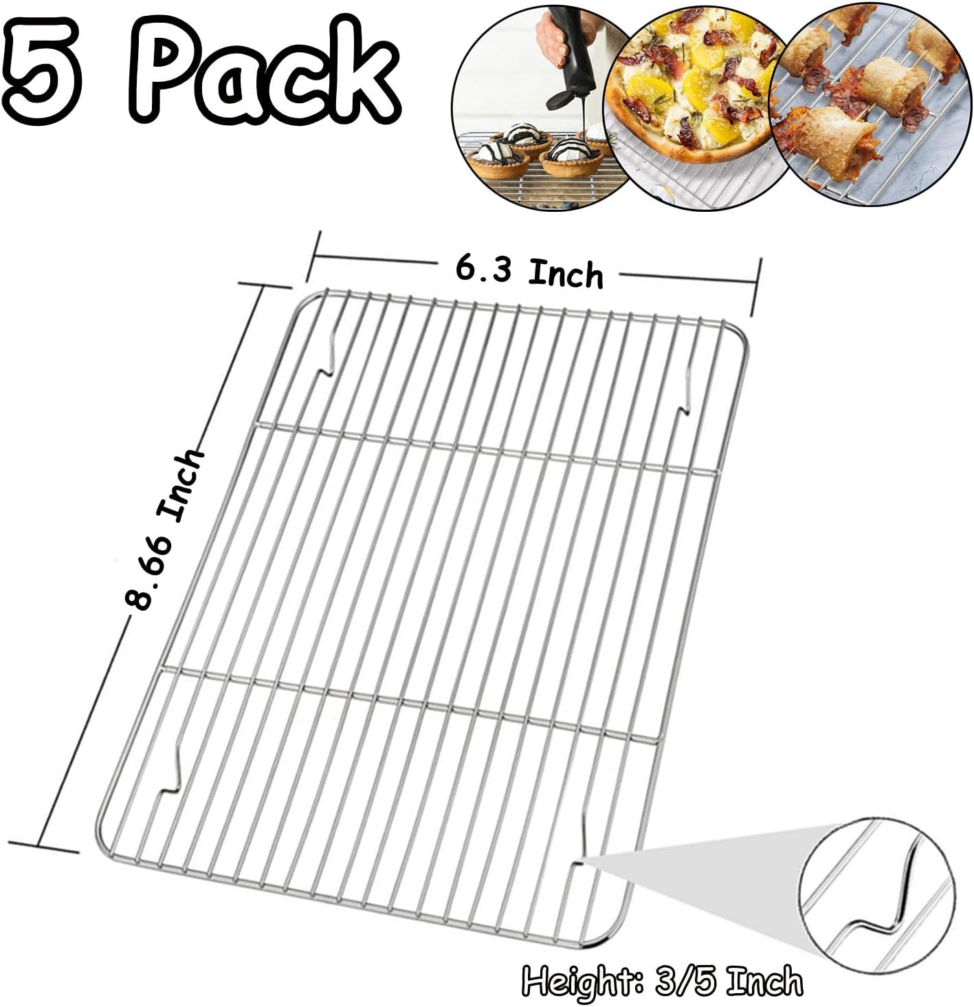 Paquete de 5 rejillas de enfriamiento de alambre de acero inoxidable para hornear, rejilla de 8.66 x 6.3 x 35 pulgadas, rejilla de enfriamiento para