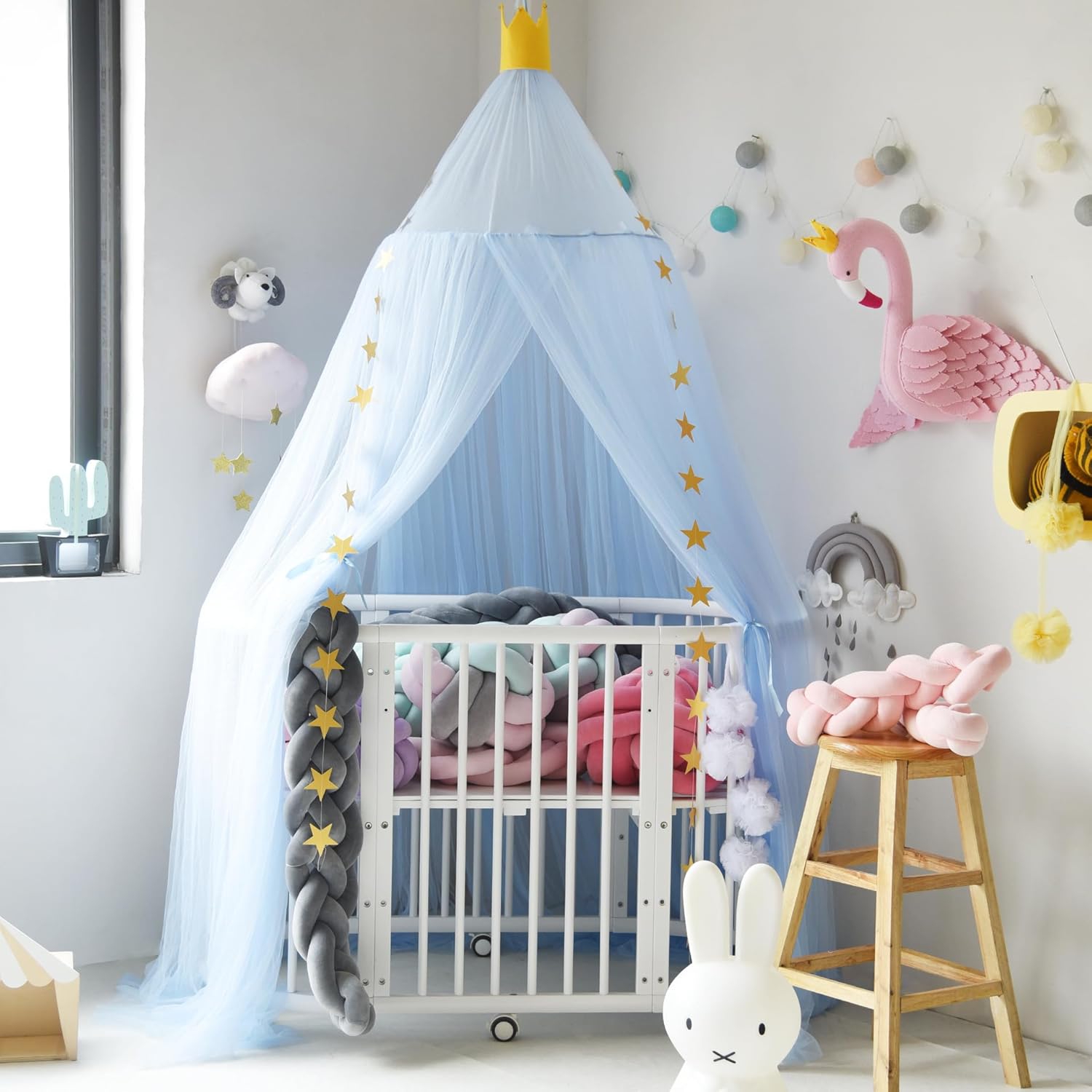 Toldo de cama para niñas, suave, lavable y fácil de instalar, toldo para cuna para habitación de niñas con decoración de estrellas, toldo de cama de
