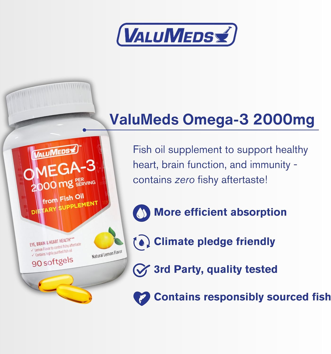 ValuMeds Omega-3 2000 mg Aceite de pescado EPA + DHA 1480 mg Suplemento 90 cápsulas blandas  Apoyo integral para la salud del corazón, el cerebro y