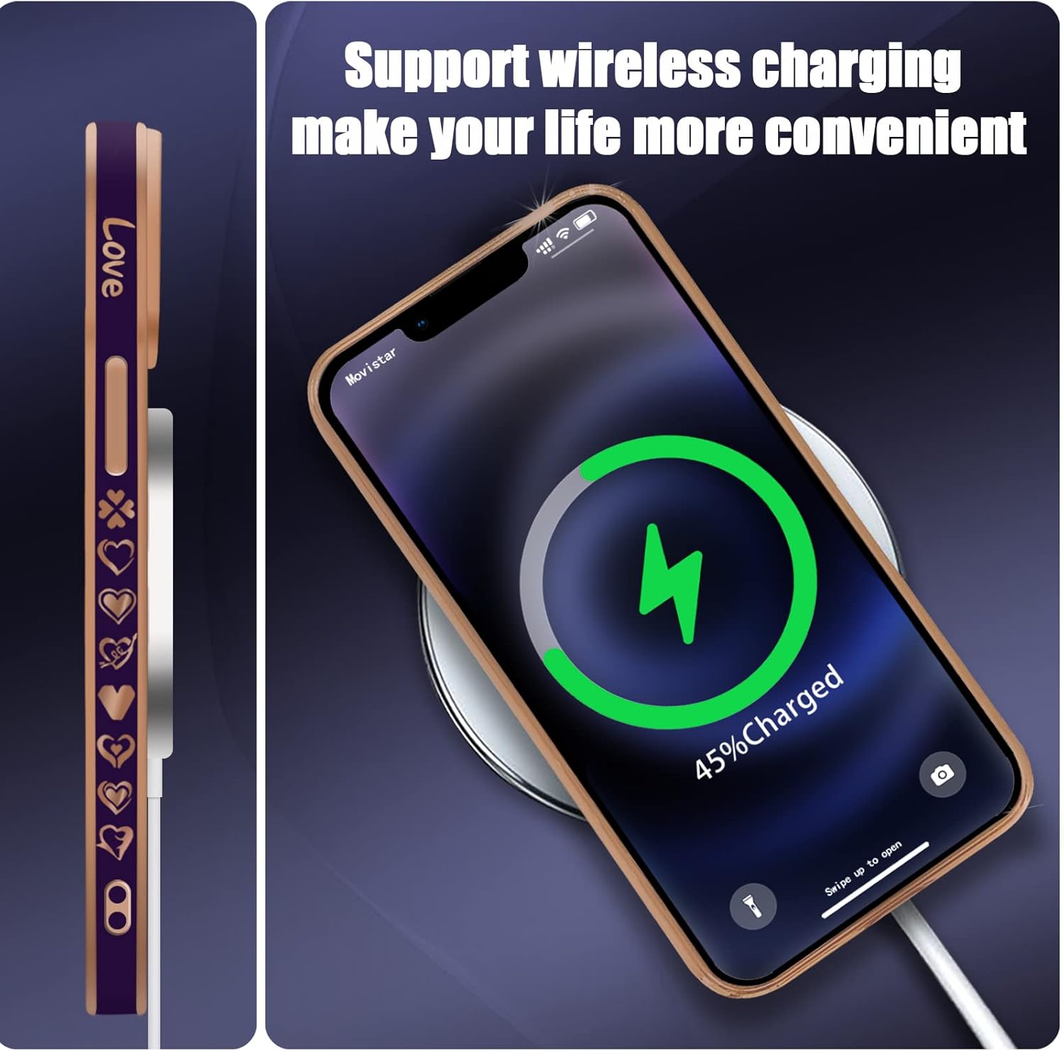 YKCZL Funda compatible con iPhone 13 Pro con MagSafe, funda magnética de lujo chapado en forma de corazón lindo y protección completa de lente de