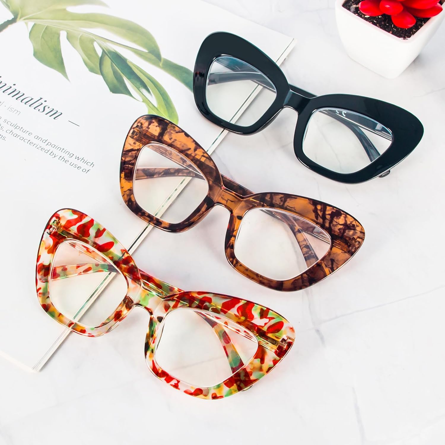 REAVEE Paquete de 3 lentes de lectura de gran tamaño para mujer, bloqueo de luz azul, elegante, grueso, marco grande, bisagra de resorte, flor negra