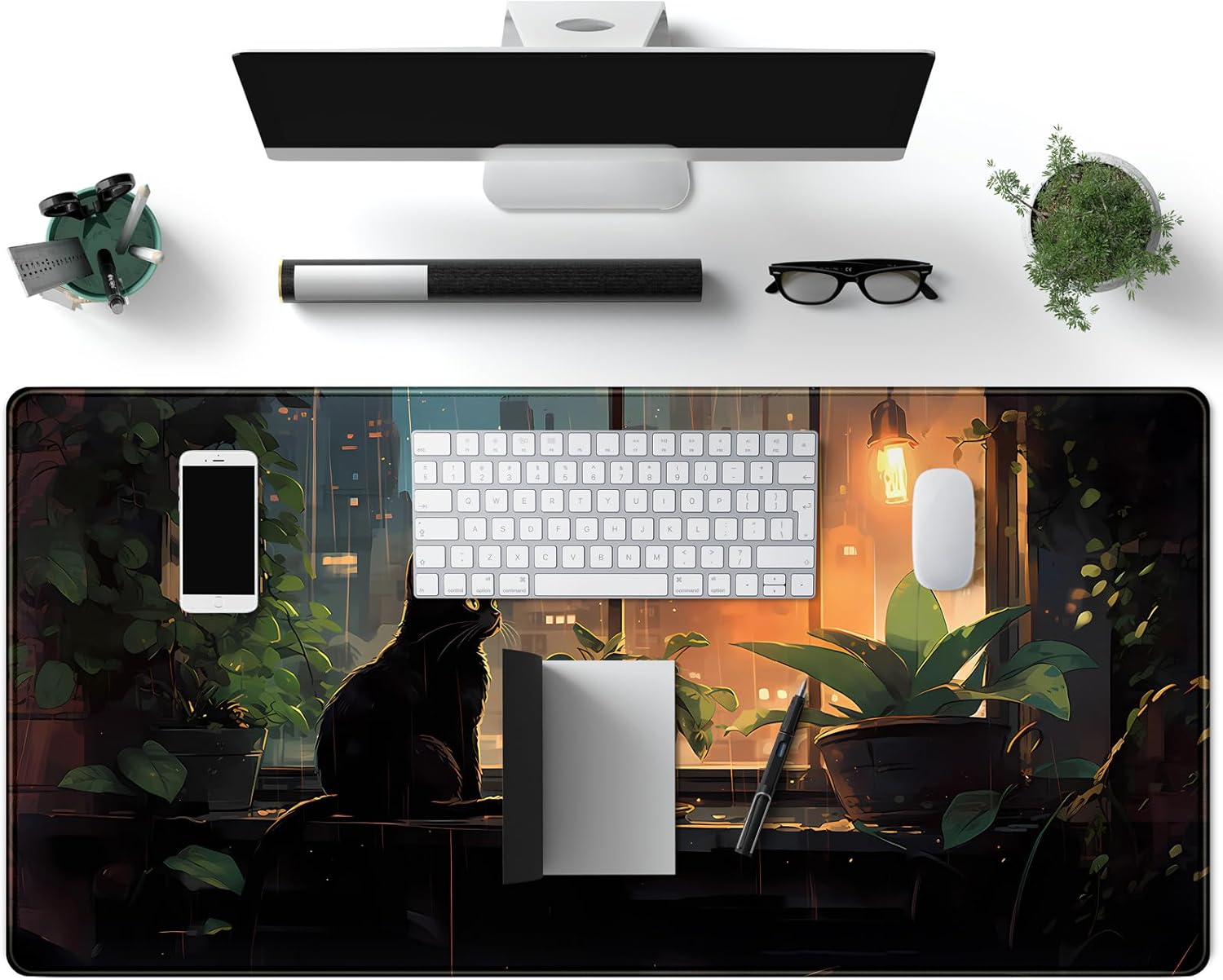 Alfombrilla de escritorio de gato negro con plantas verdes, alfombrilla de mouse grande para juegos de anime, alfombrilla de mouse XL para