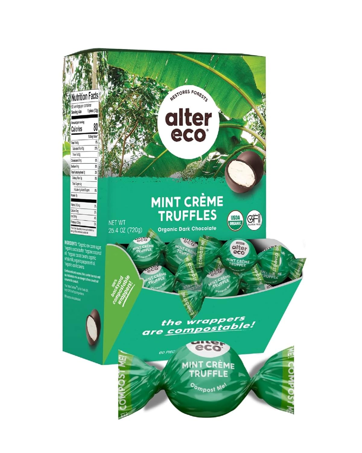 Alter Eco  Trufas de crema de menta  58% cacao oscuro puro, comercio justo, orgánico, sin OMG, trufas de chocolate negro sin gluten  60 trufas
