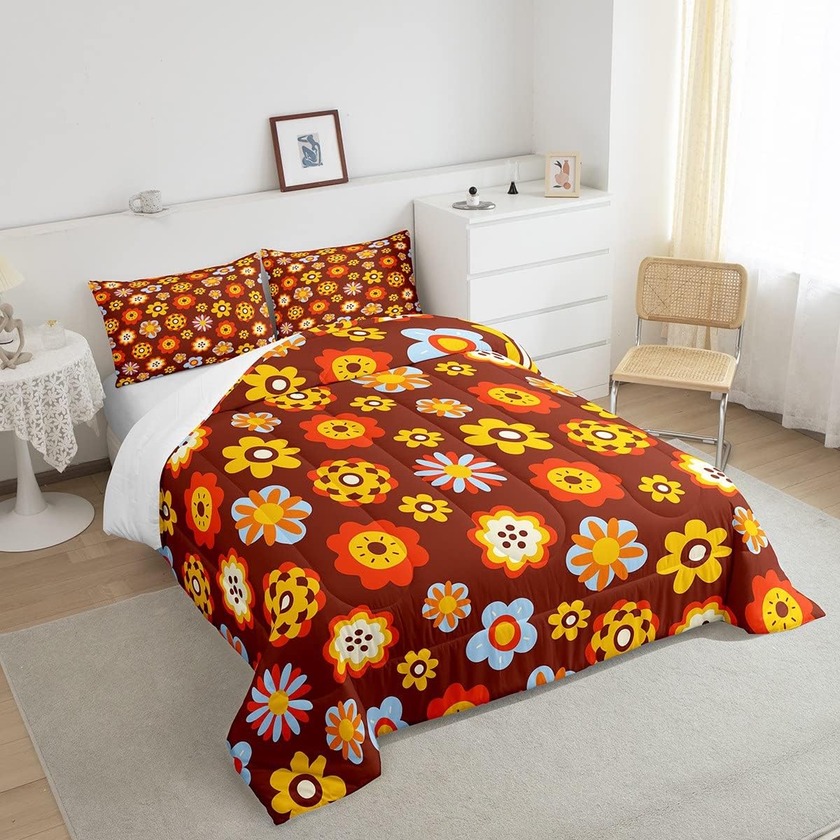 Groovy Flower Power – Juego de edredón tamaño Queen, lindo juego de ropa de cama floral bohemio de los años 60 y 70, edredón hippie para niños,