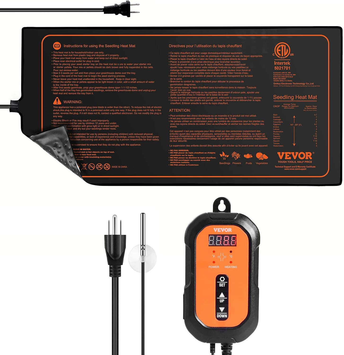 VEVOR Paquete de 1 tapete térmico de plántulas de 10 x 20.75 pulgadas con termostato, certificado UL y MET, almohadilla impermeable para