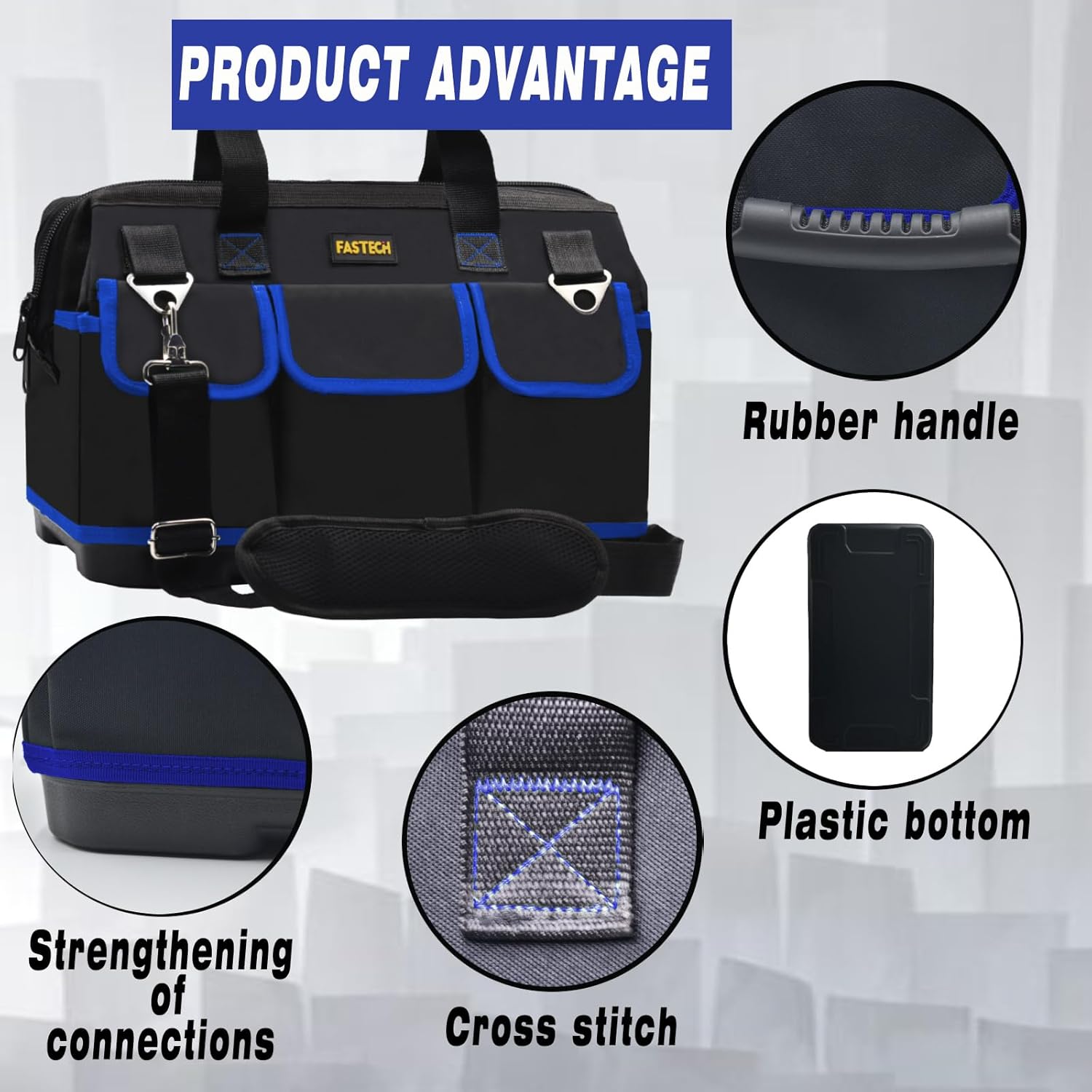 Bolsa de herramientas de 22 pulgadas, kit de herramientas de boca ancha impermeable, organizador de bolsa de herramientas resistente con correas