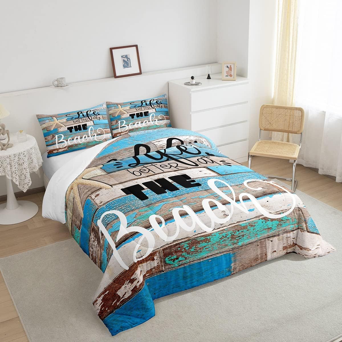 Juego de edredón con temática oceánica, tamaño individual, juego de ropa de cama rústica azul de madera para mujeres, hombres, niños y niñas,