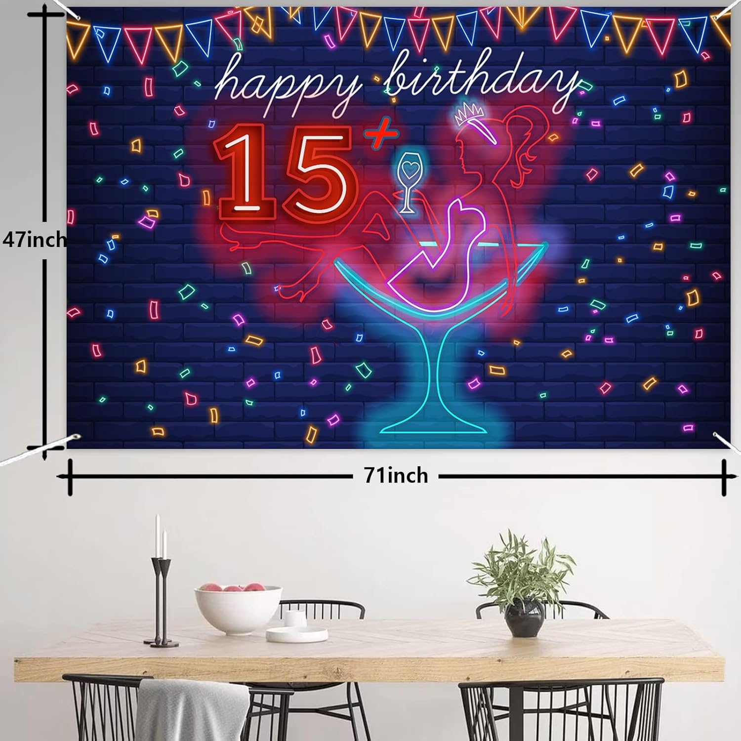 Cartel de neón con texto en inglés Happy 15 Birthday Girl Happy 15 Birthday Banner Cheers to 15 años de tacón alto, maquillaje para decoración de