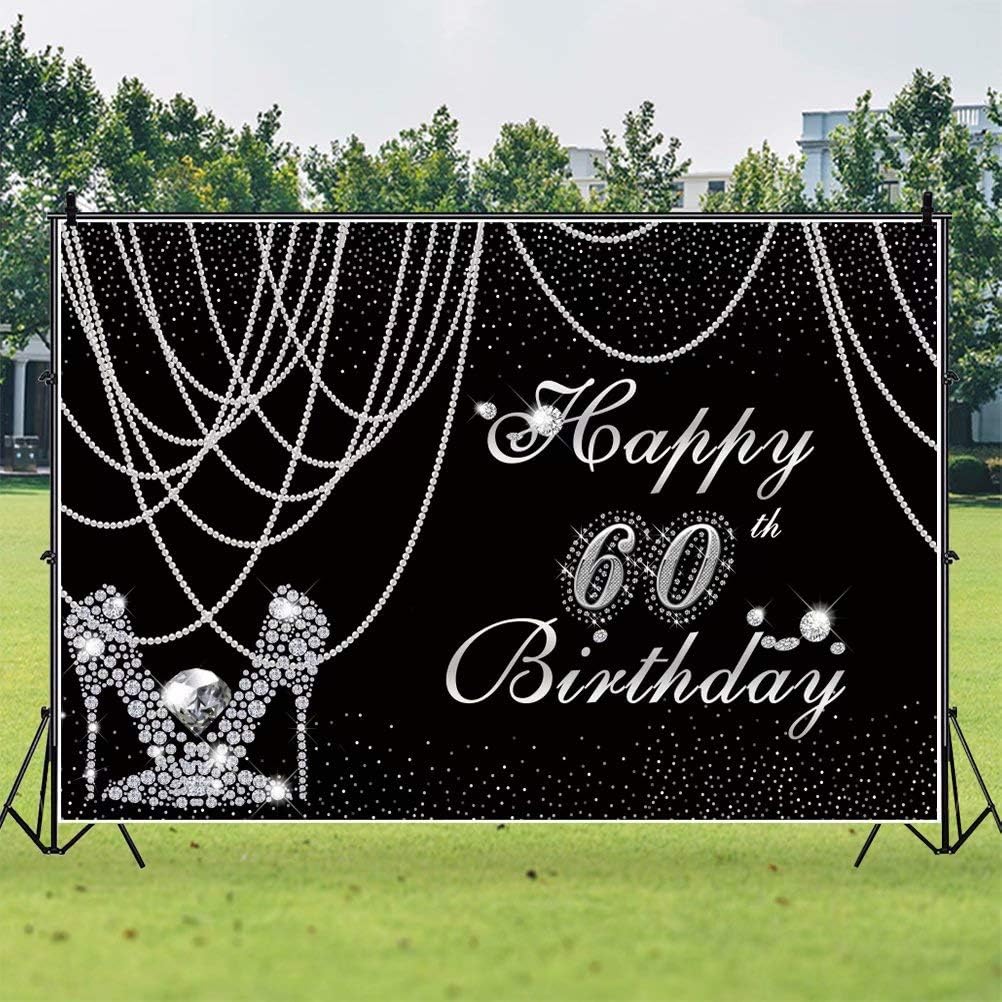 Telones de fondo negro plateado para mujer de 60 cumpleaños para fotografía, cortina de perlas de 9 x 6 pies, pantuflas de diamante plateado con