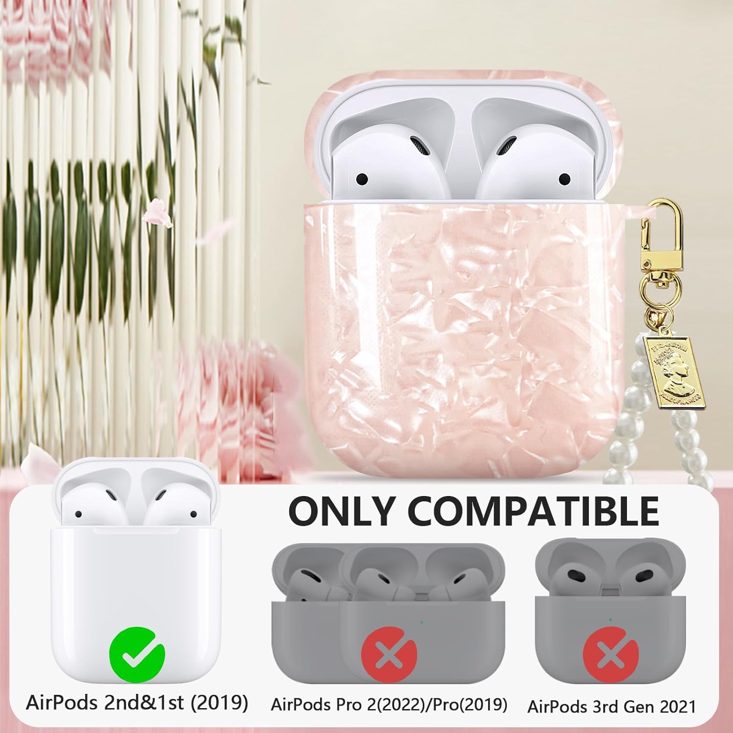 Funda de lujo con llavero de perlas para Airpods 21 con kit de limpieza, bonita funda protectora de TPU con purpurina para niñas y mujeres,